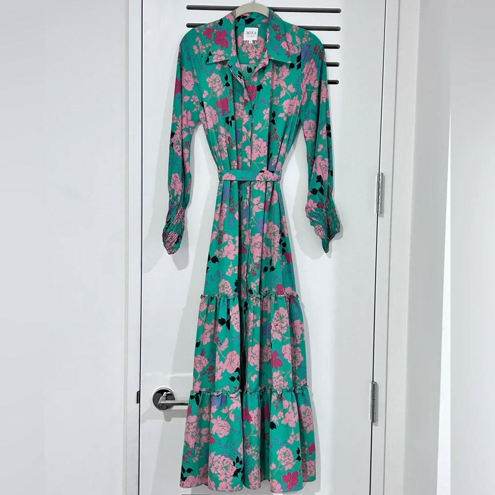 Like New Misa Los Angeles Esme Peony Green Long Sleeve Maxi Dress with Collar - Picture 8 of 9